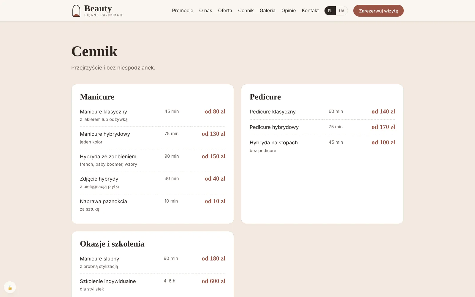 Sekcja Cennik: osobne tabele dla manicure i pedicure z nazwą usługi, dopiskiem, czasem i ceną