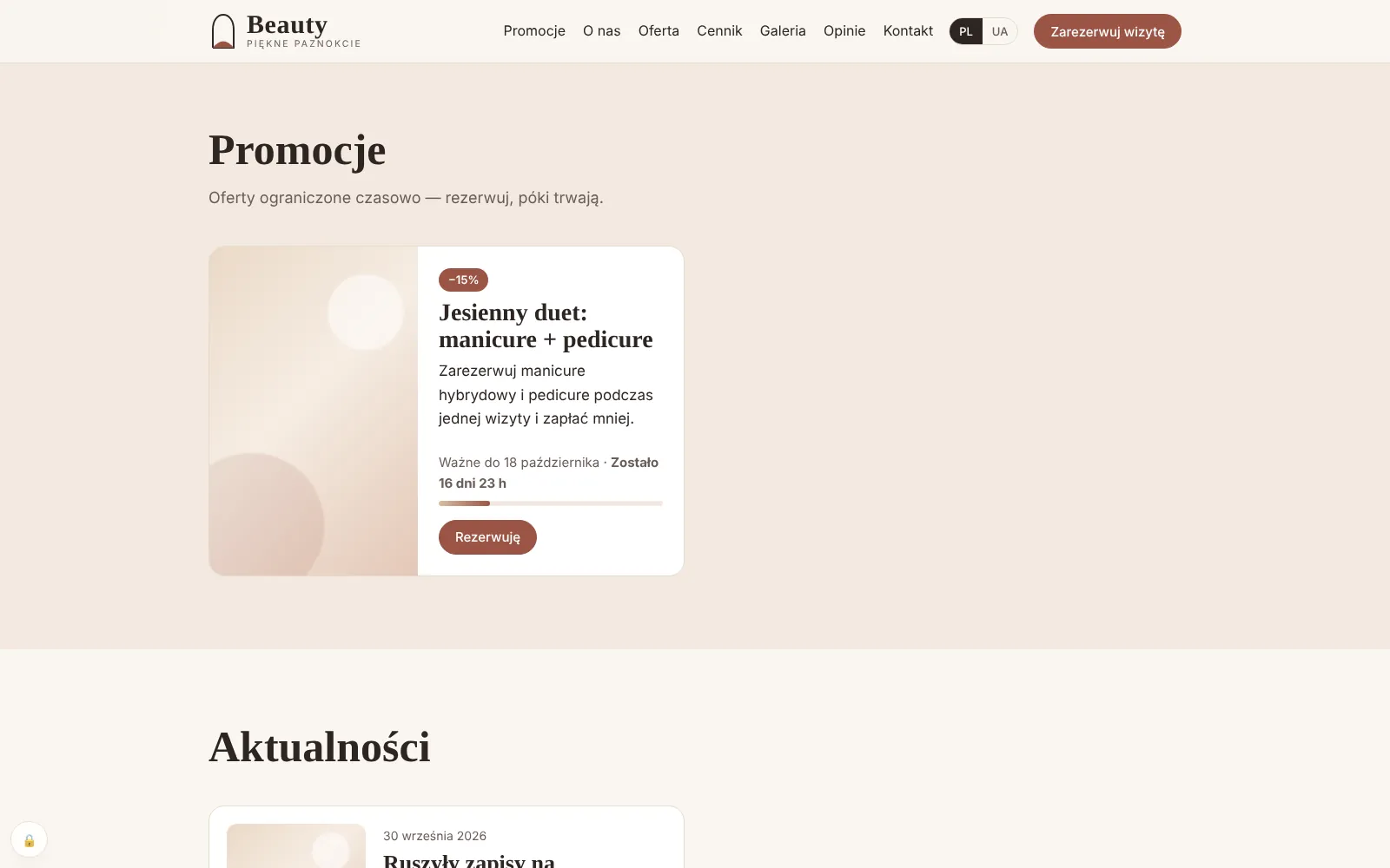 Sekcja Promocje: karta promocji z plakietką −15%, datą ważności, odliczaniem pozostałego czasu i paskiem postępu