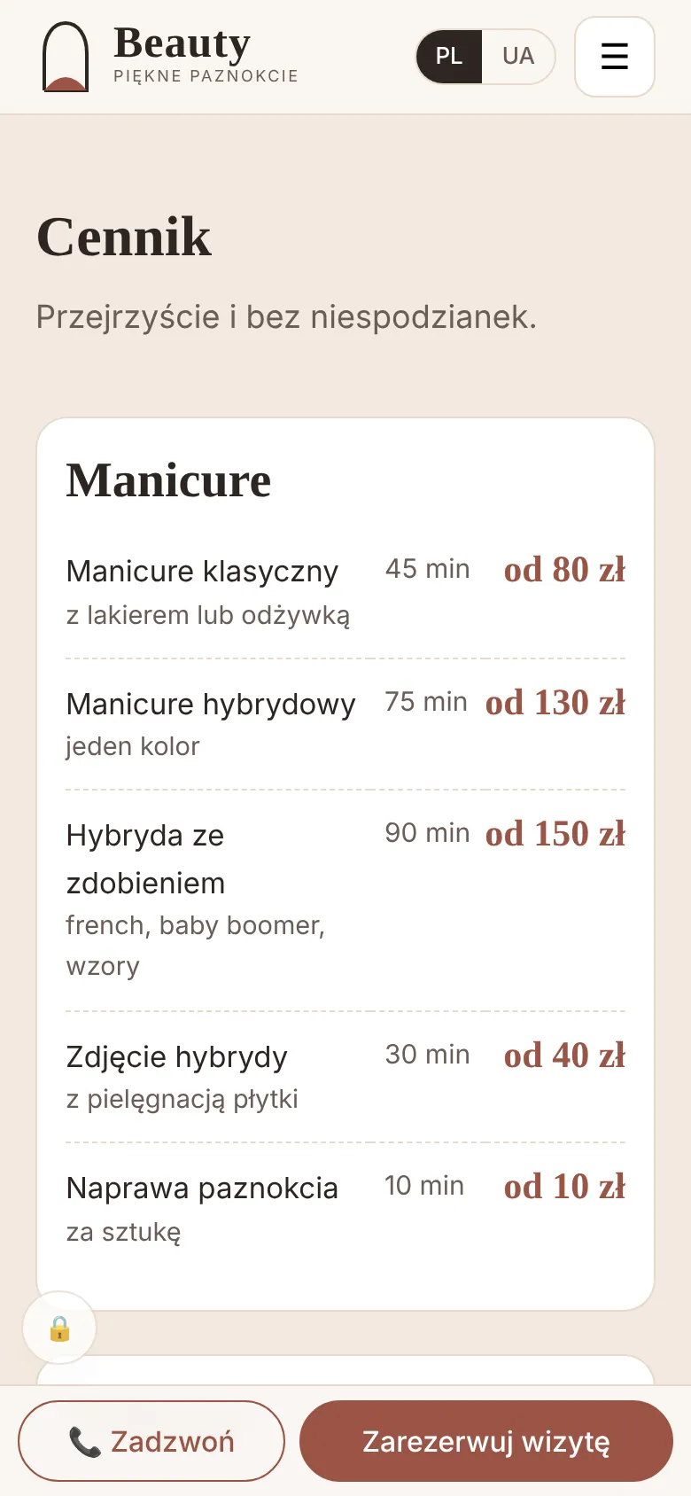 Telefon: tabela cennika manicure mieszcząca się w szerokości ekranu