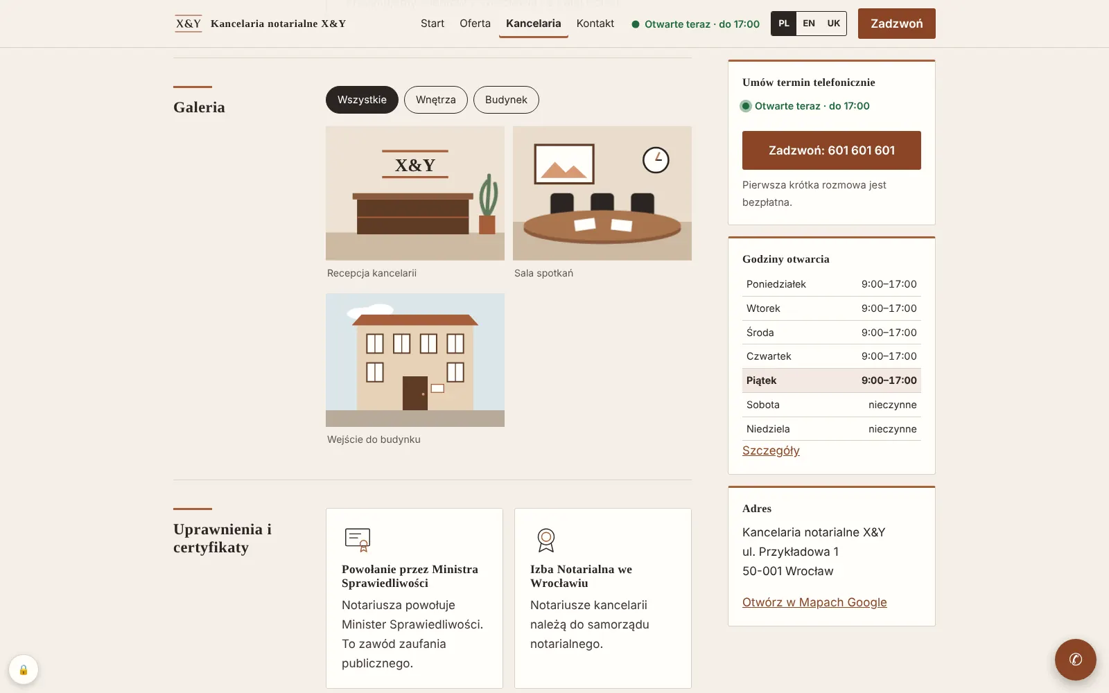 Galeria z filtrami Wszystkie, Wnętrza i Budynek, trzema ilustracjami oraz początek sekcji Uprawnienia i certyfikaty.