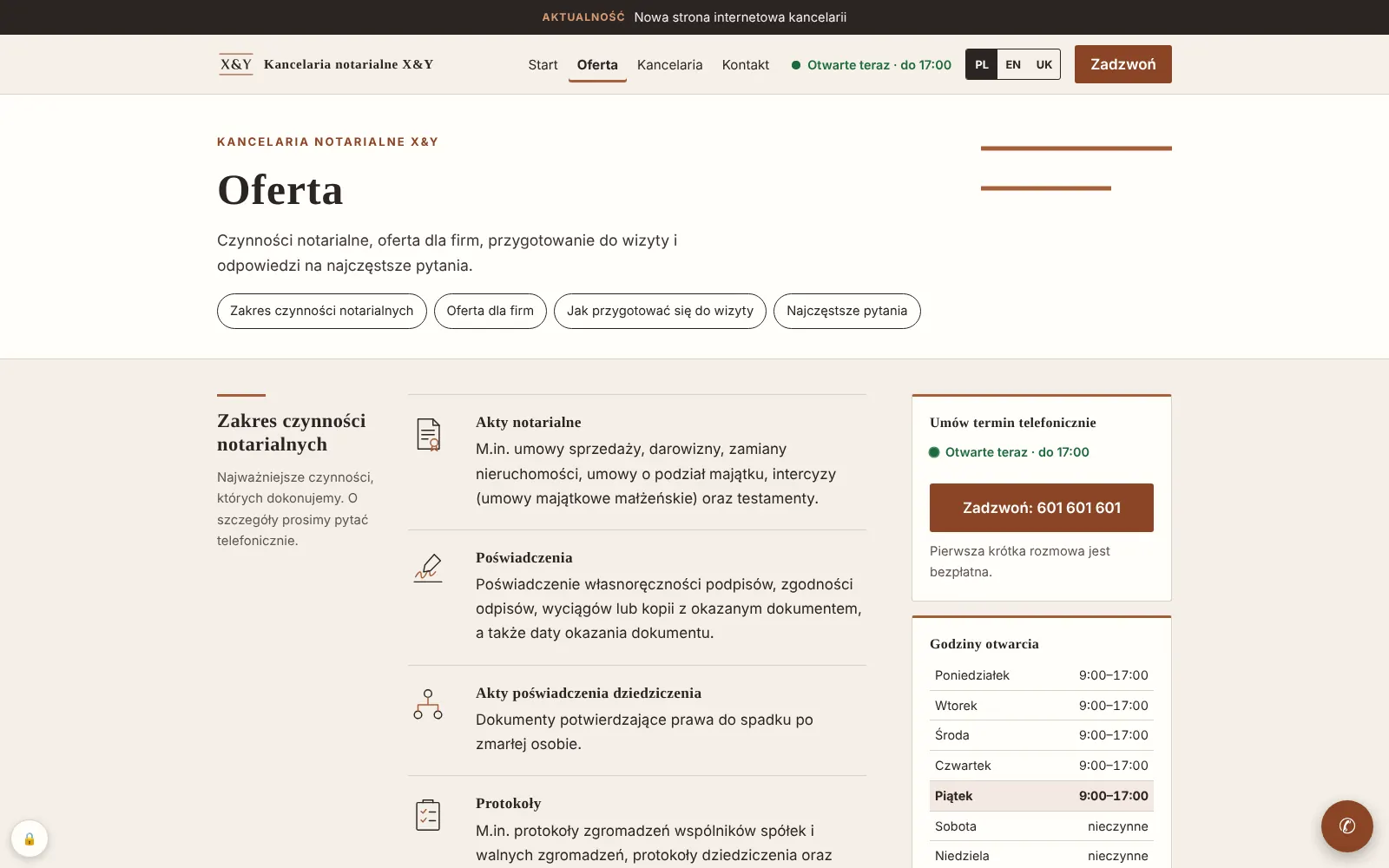 Podstrona Oferta: tytuły sekcji w lewej kolumnie, lista czynności notarialnych z ikonami pośrodku, a po prawej stały panel z telefonem i godzinami otwarcia.