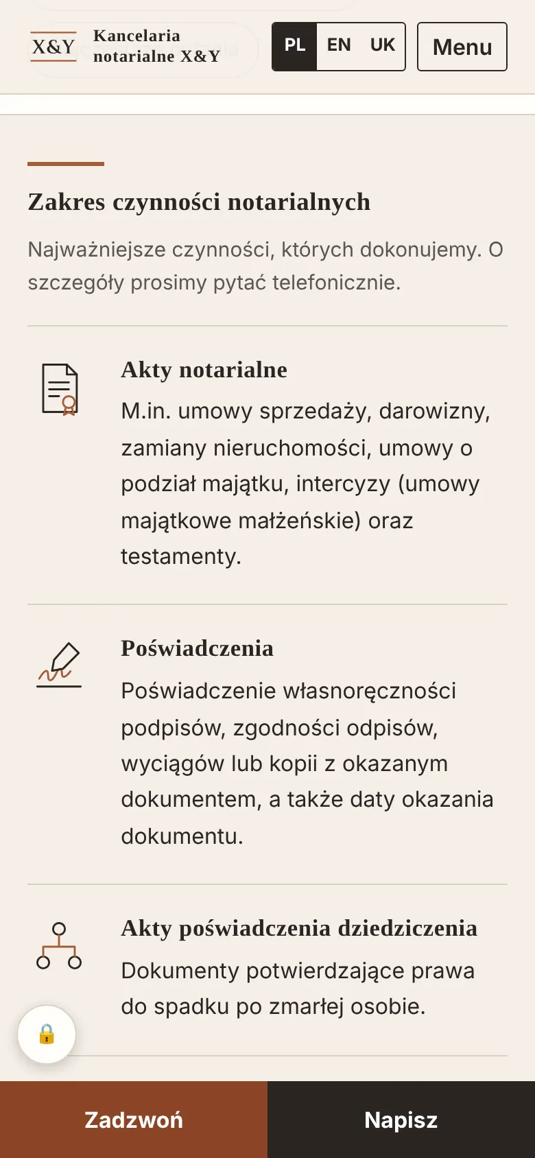 Lista czynności notarialnych na telefonie w jednej kolumnie, z ikonami i dolnym paskiem szybkiego kontaktu.