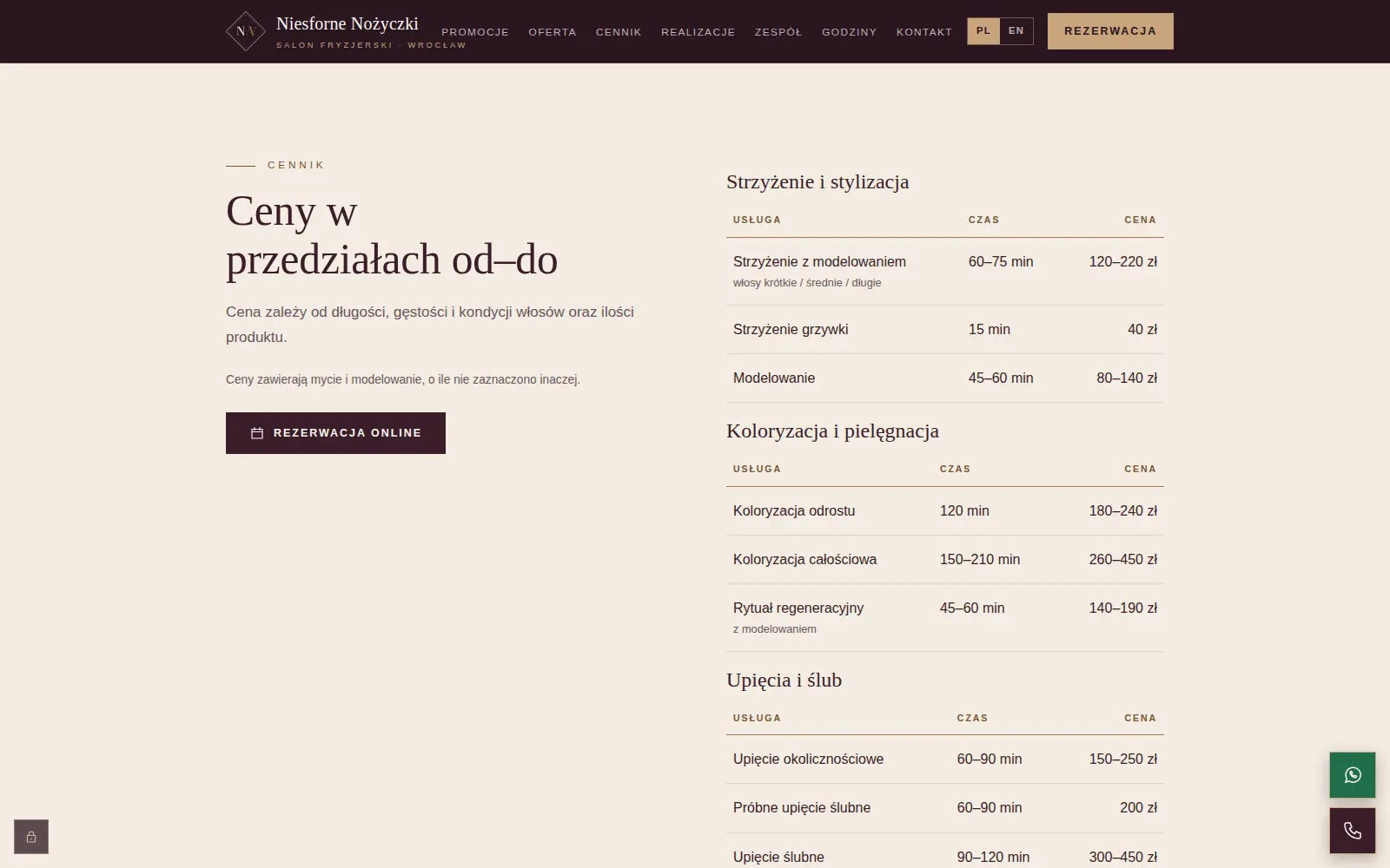 Sekcja Cennik: po lewej nagłówek „Ceny w przedziałach od–do” i przycisk rezerwacji, po prawej tabele cen dla strzyżenia, koloryzacji i upięć.