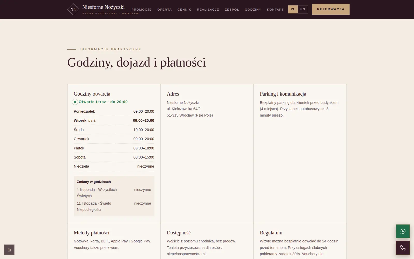 Sekcja Godziny, dojazd i płatności: tabela godzin z wyróżnionym wtorkiem, zielony status „Otwarte teraz · do 20:00”, lista zmian w godzinach na 1 i 11 listopada oraz karty Adres i Parking.