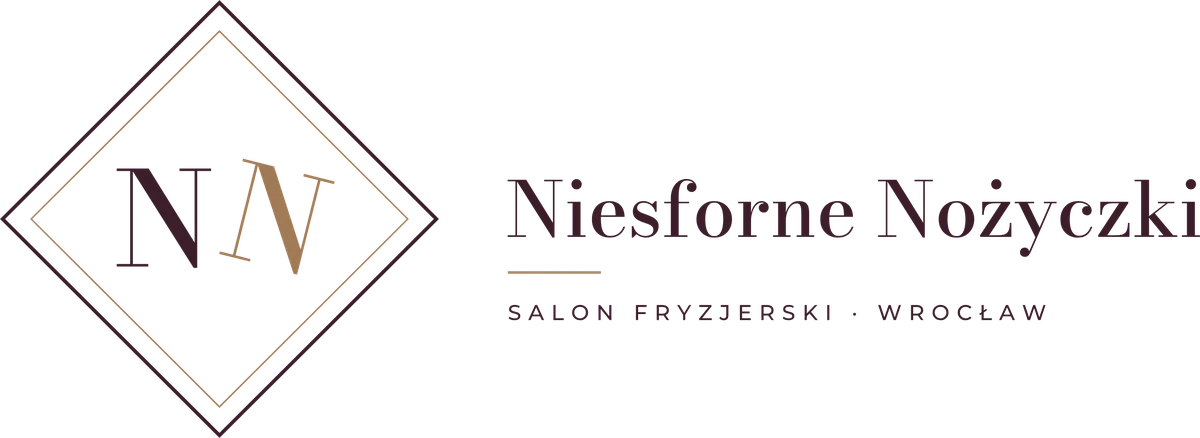 Logo Niesforne Nożyczki: romb z literami NN po lewej i napis „Niesforne Nożyczki, salon fryzjerski, Wrocław” po prawej, w kolorach śliwkowym i brązowym.