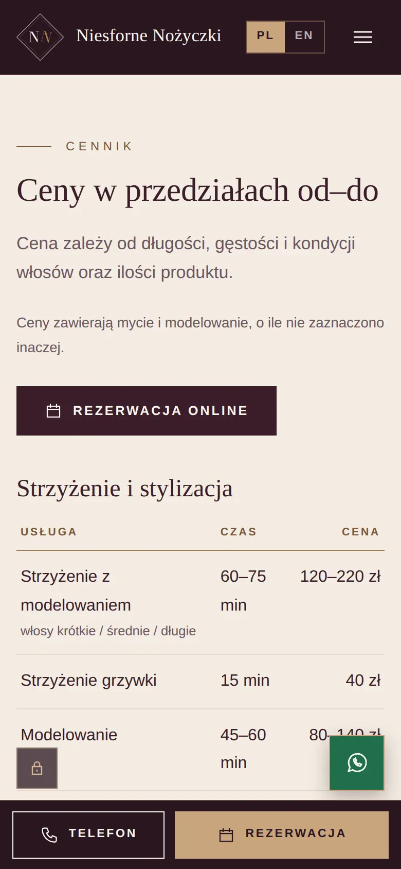Telefon: cennik w tabeli dopasowanej do szerokości ekranu.