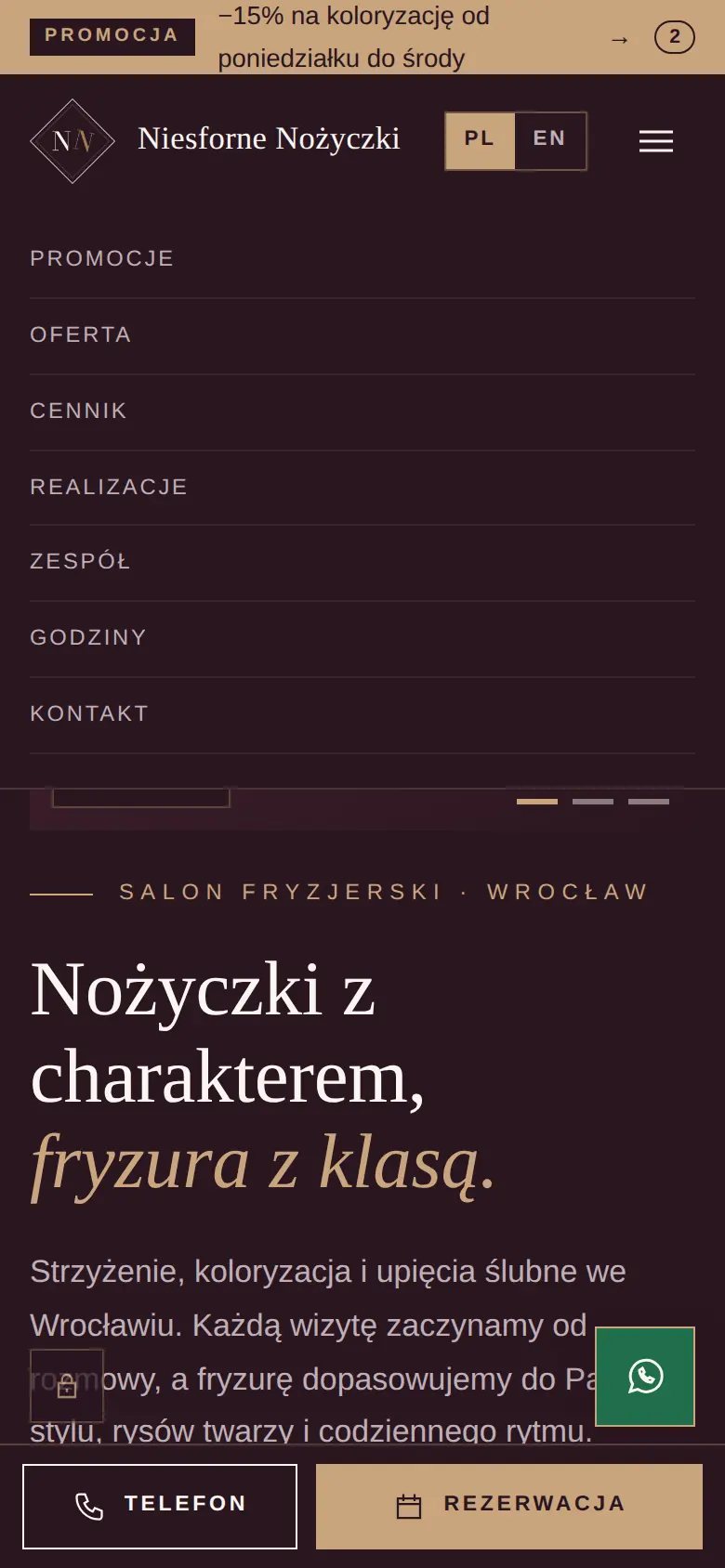 Telefon: rozwinięte menu z sekcjami Promocje, Oferta, Cennik, Realizacje, Zespół, Godziny i Kontakt.