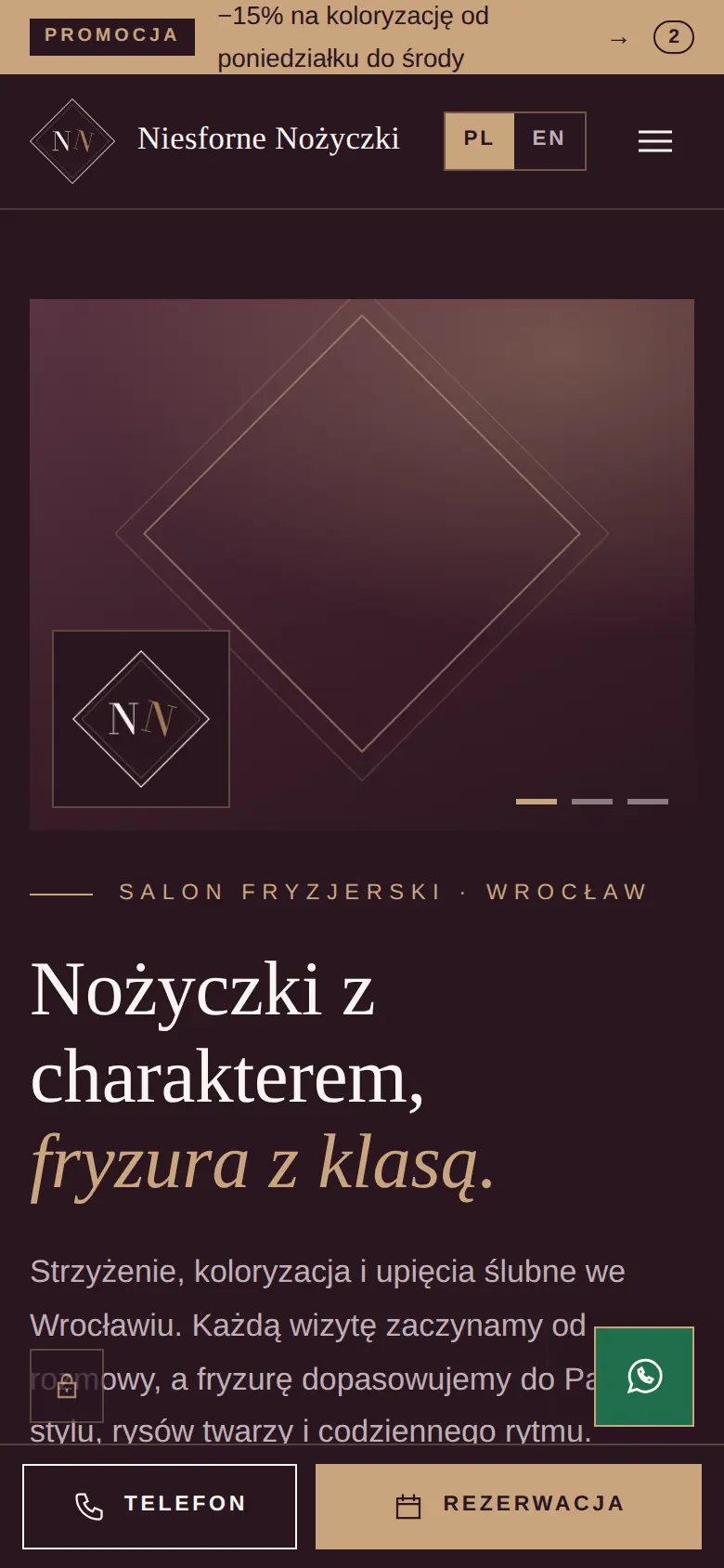 Strona główna na telefonie: logo, hasło salonu i dolny pasek z przyciskami Telefon i Rezerwacja.