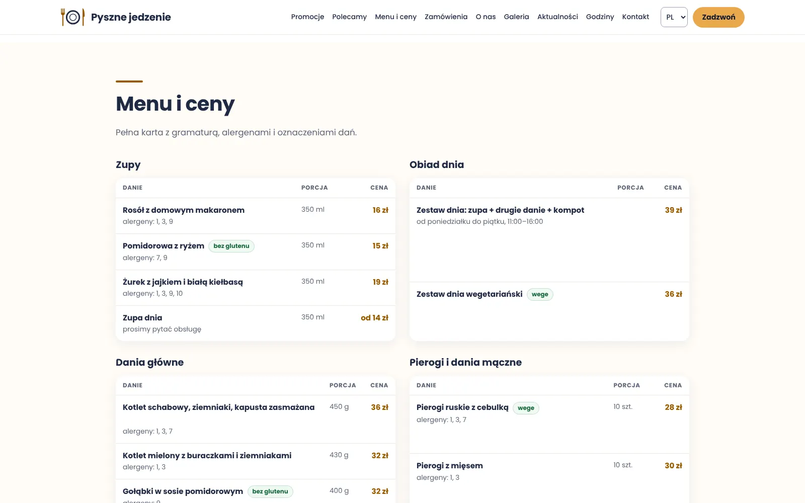 Sekcja „Menu i ceny”: tabele Zupy, Obiad dnia, Dania główne oraz Pierogi i dania mączne z porcją i ceną każdej pozycji.