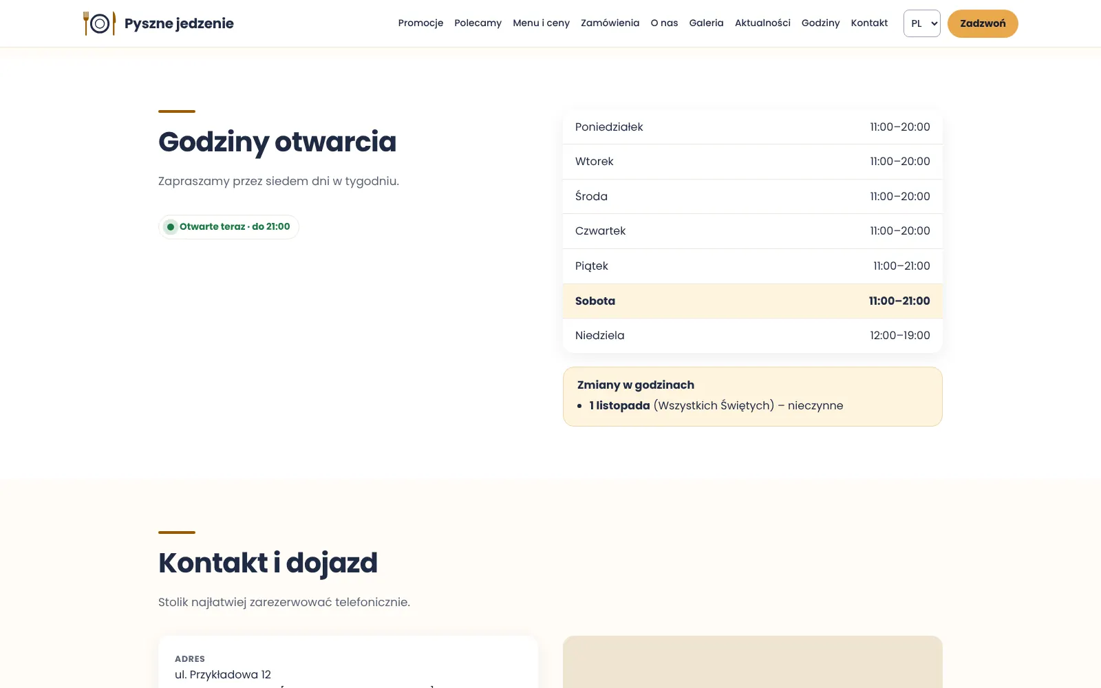 Sekcja „Godziny otwarcia”: tabela siedmiu dni z wyróżnionym dniem dzisiejszym, status „Otwarte teraz” oraz ramka „Zmiany w godzinach” z dniem nieczynnym; poniżej początek sekcji kontaktu.