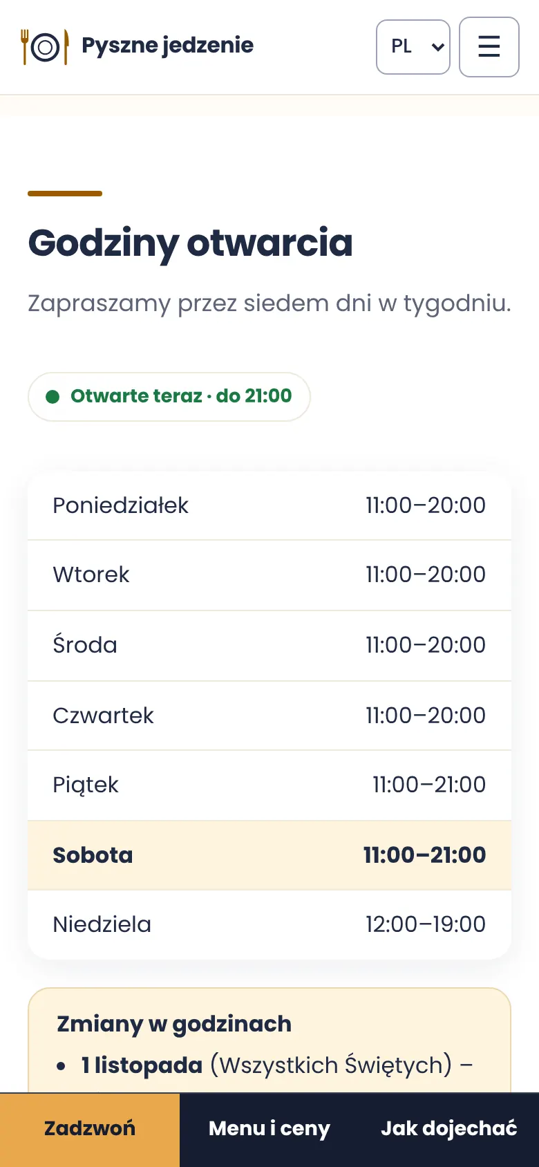 Telefon: sekcja „Godziny otwarcia” ze statusem na żywo i tabelą dni tygodnia.