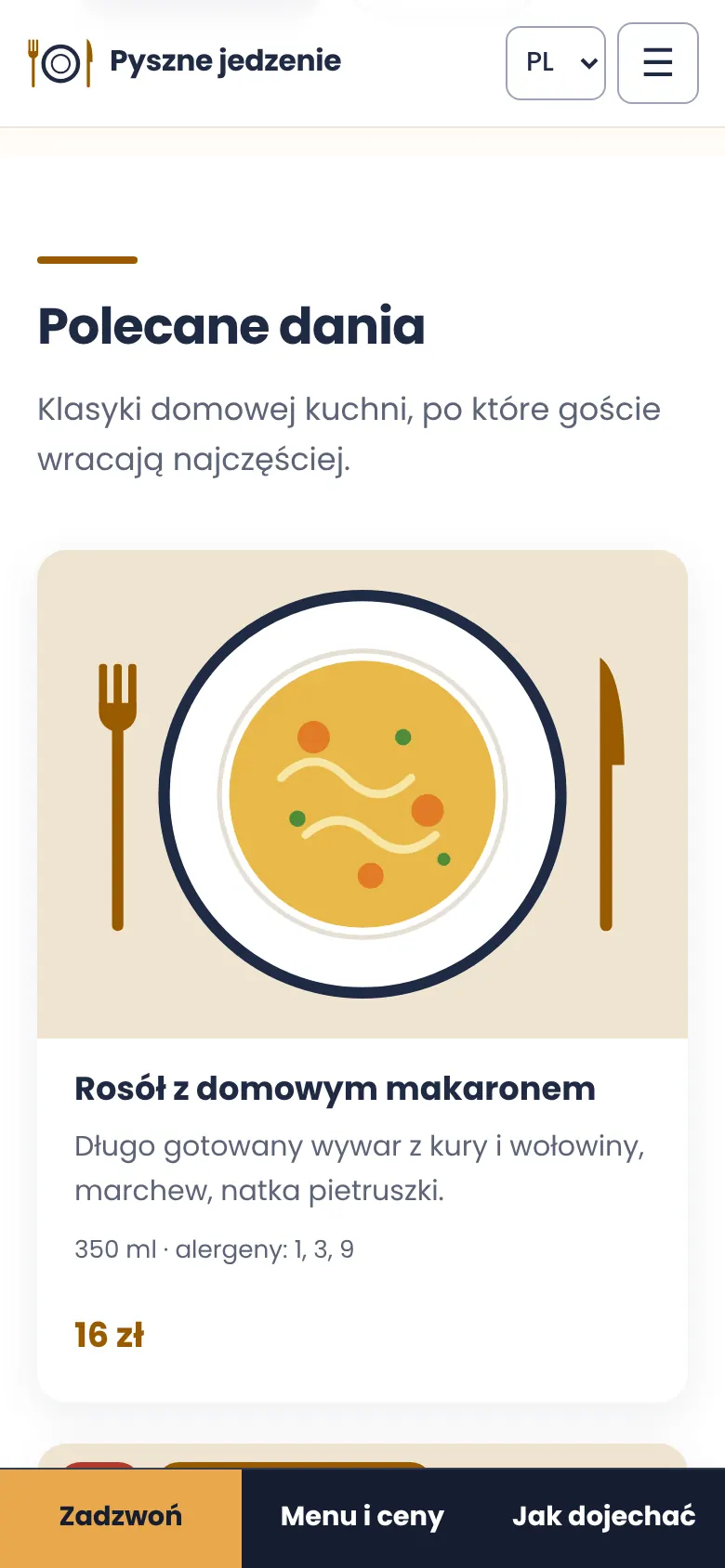 Telefon: sekcja „Polecane dania” z kartą dania na całą szerokość ekranu.