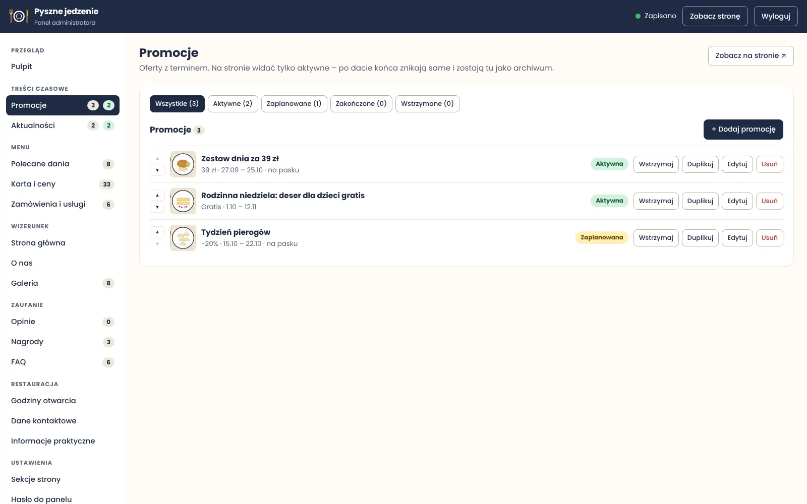 Lista promocji w panelu: filtry statusu, wiersze ze strzałkami kolejności, miniaturą, plakietką Aktywna lub Zaplanowana oraz przyciskami Wstrzymaj, Duplikuj, Edytuj, Usuń.