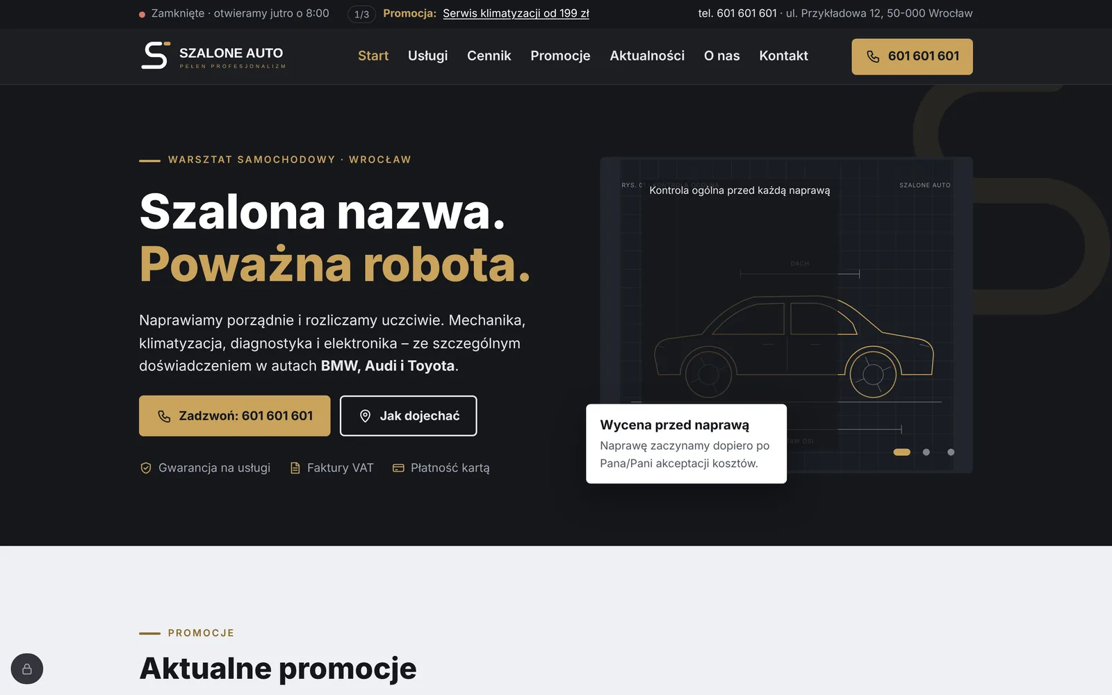 Strona główna Szalone auto: grafitowy nagłówek z hasłem „Szalona nazwa. Poważna robota.”, przyciskiem Zadzwoń i animowanym rysunkiem auta