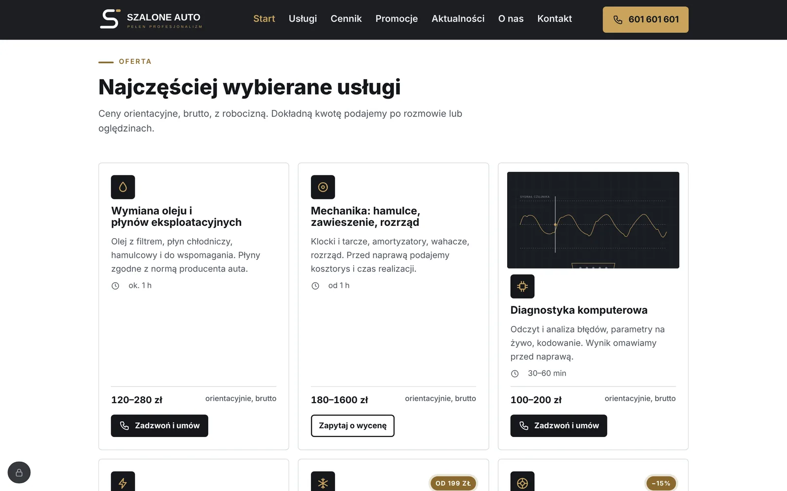 Siatka kart usług z ikonami, przedziałami cen i przyciskami