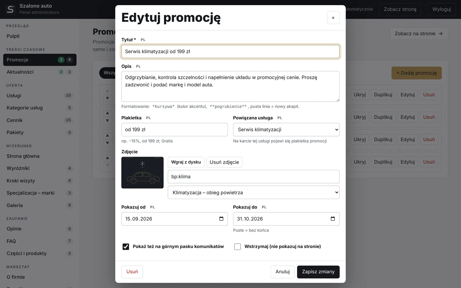 Okno edycji promocji: tytuł, opis, plakietka, powiązana usługa, zdjęcie, daty od–do i opcja paska komunikatów
